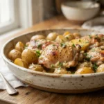 Slow cooker chicken and potatoes with garlic, herbs, butter, and Parmesan