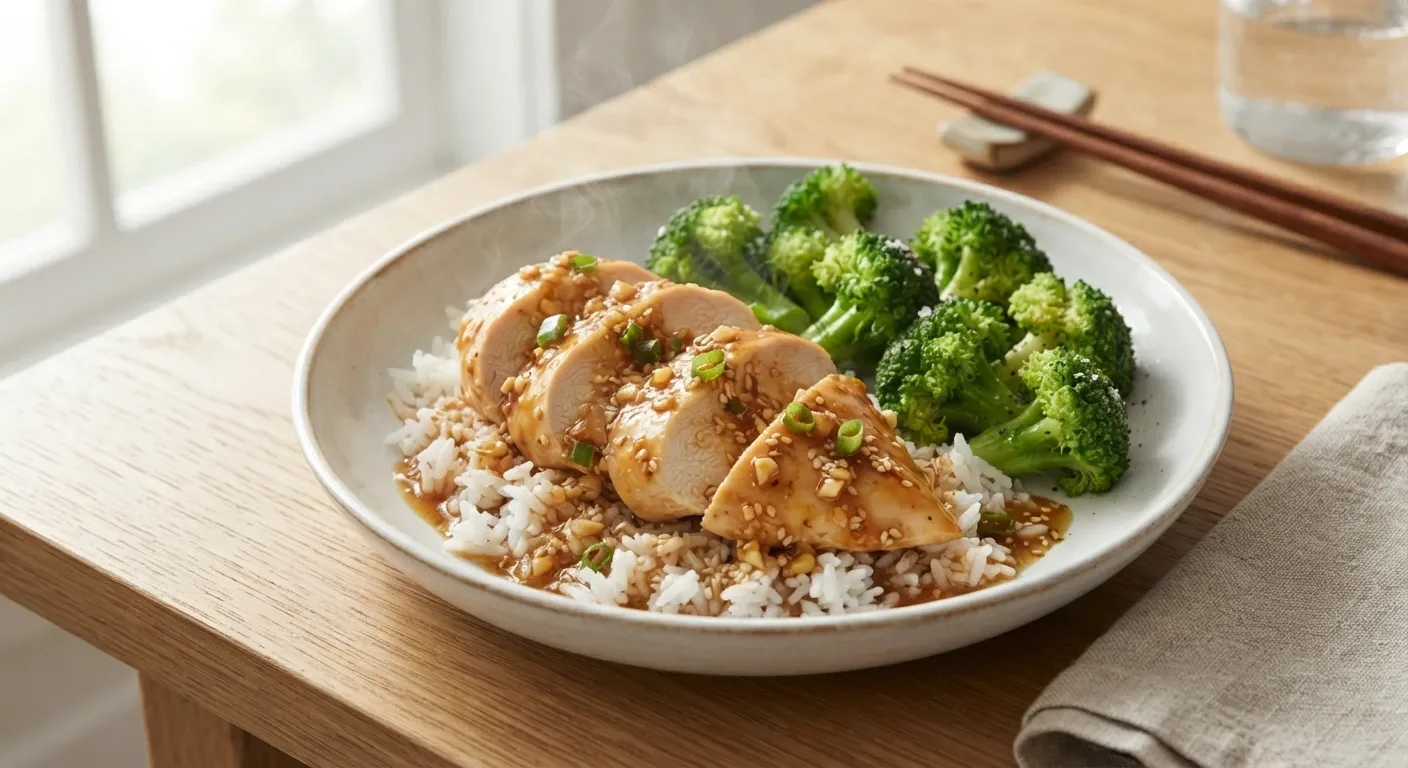 Honey Garlic Chicken served with jasmine rice and steamed broccoli