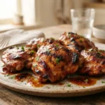Juicy slow cooker BBQ chicken thighs coated in barbecue sauce