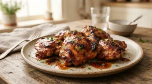Juicy slow cooker BBQ chicken thighs coated in barbecue sauce
