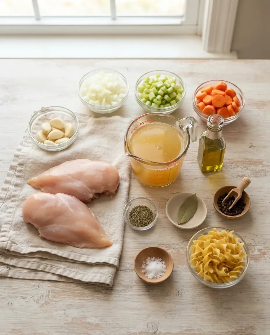 Chicken Noodle Soup Ingredients Ingredients for slow cooker chicken noodle soup with chicken, vegetables, egg noodles, broth, garlic, and herbs