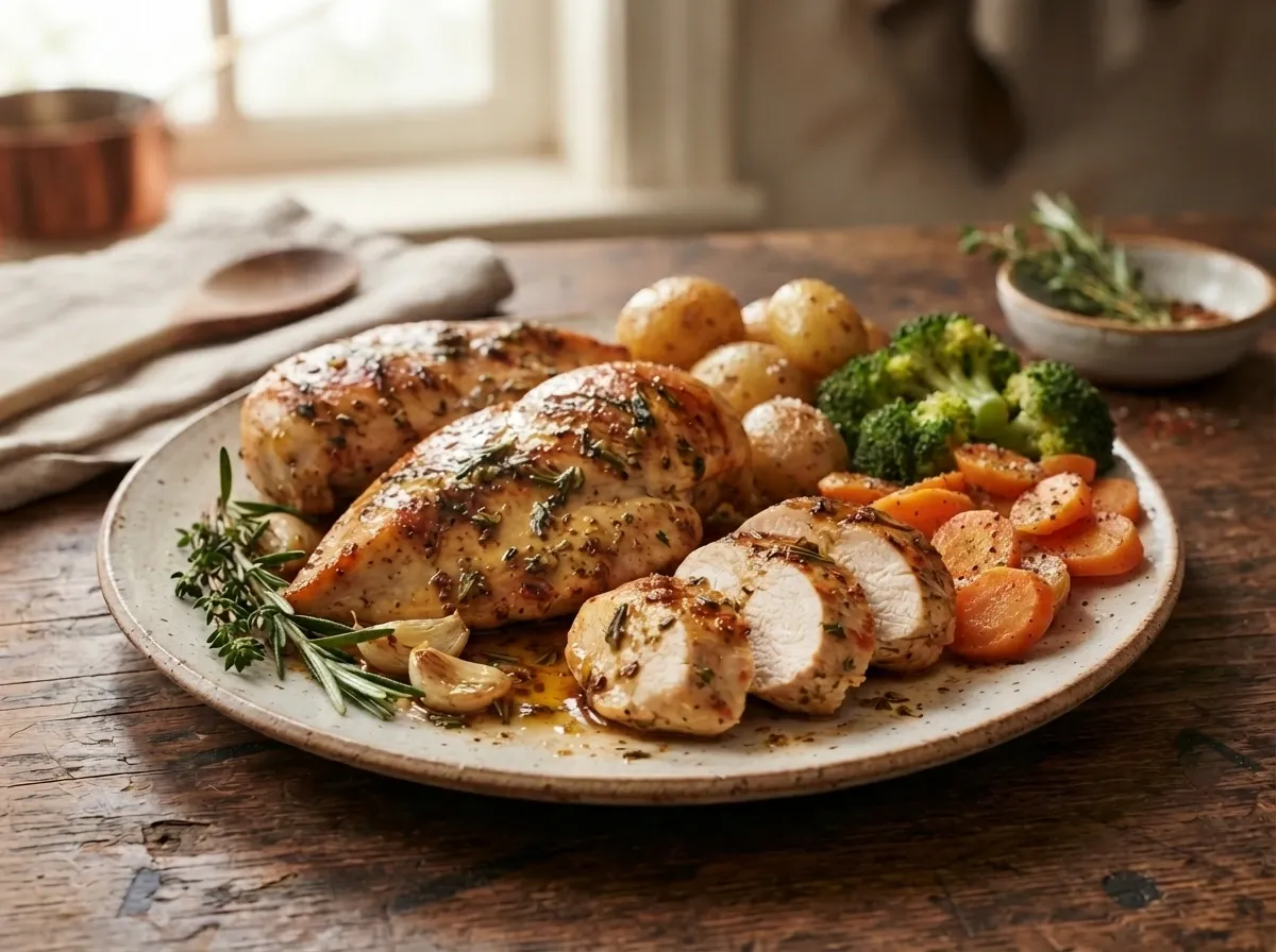 Slow Cooker Chicken Breast Dinner Sliced slow cooker chicken breast served with roasted potatoes and vegetables