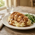 Chicken and gravy served over mashed potatoes with green beans