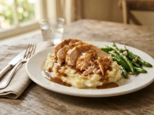 Ingredients for slow cooker chicken and gravy arranged on a kitchen counter