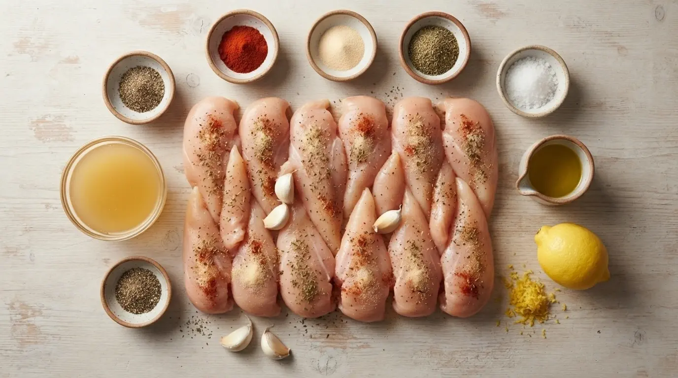 Chicken tenderloins with garlic, lemon, paprika, herbs, olive oil, and chicken broth