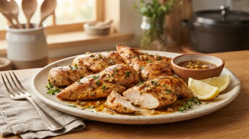 Juicy slow cooker chicken tenders seasoned with paprika, garlic, herbs, and lemon