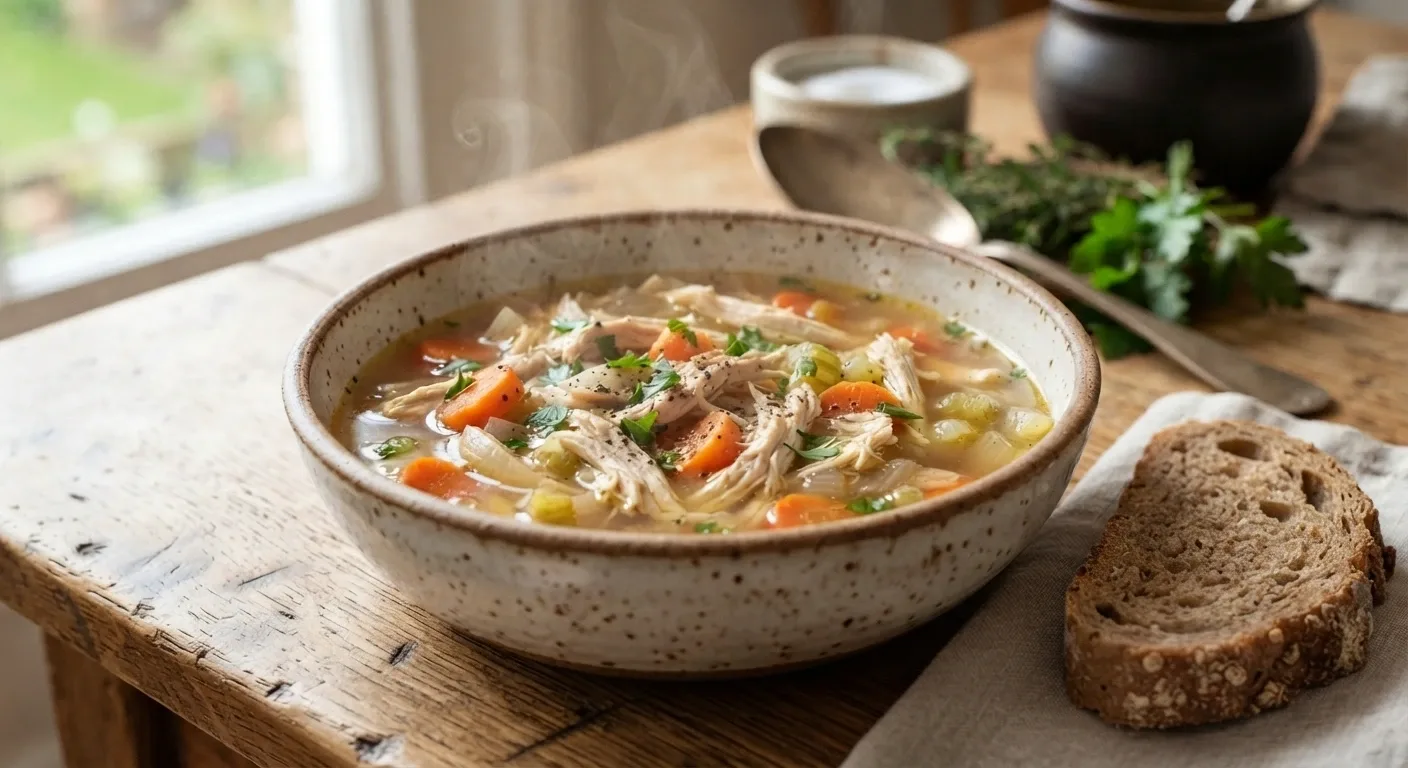 Slow Cooker Chicken Soup Serving Slow cooker chicken soup served with crusty bread and fresh parsley