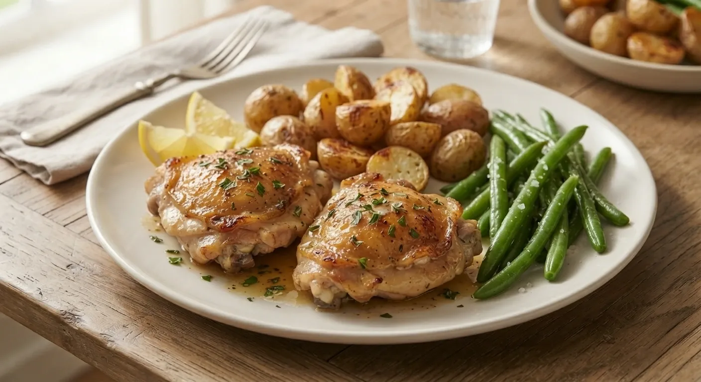 Slow Cooker Chicken Thighs Dinner Slow cooker chicken thighs served with roasted potatoes, green beans, lemon wedges, and garlic sauce