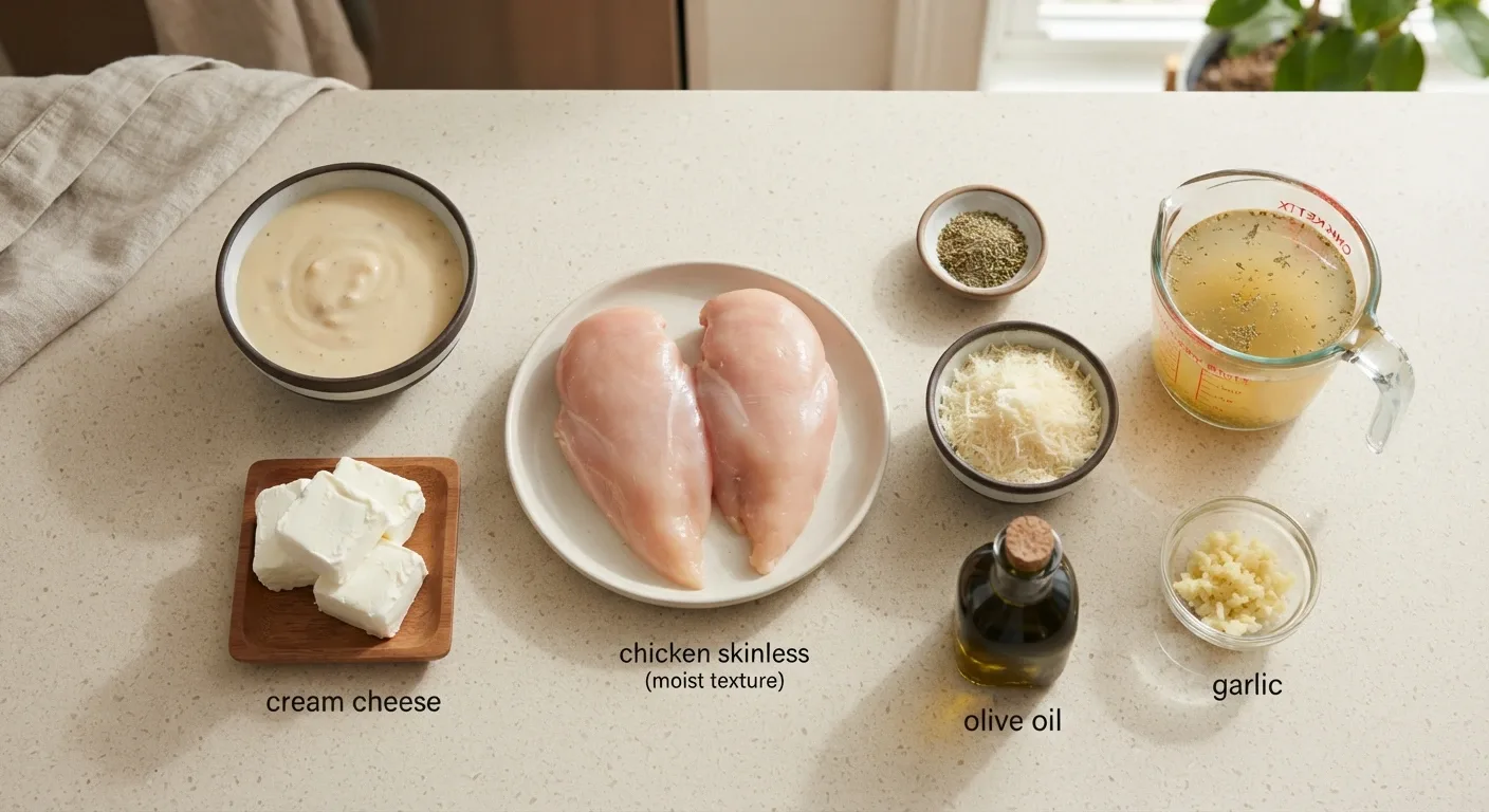 Slow Cooker Creamy Chicken Ingredients Ingredients for Slow Cooker Creamy Chicken with chicken breasts cream cheese garlic and Parmesan