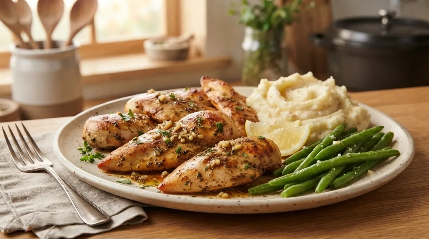 Slow cooker chicken tenders served with mashed potatoes, green beans, and lemon