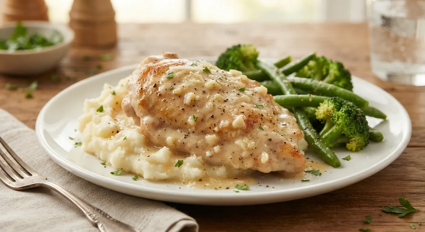 Slow Cooker Garlic Chicken Dinner Slow cooker garlic chicken served with mashed potatoes and broccoli