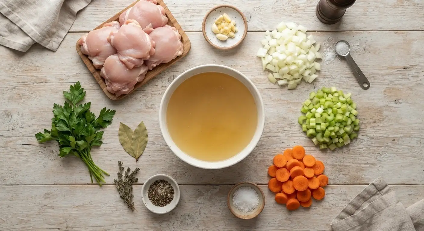 Slow Cooker Chicken Soup Ingredients Ingredients for slow cooker chicken soup with chicken thighs, vegetables, broth, herbs, and parsley