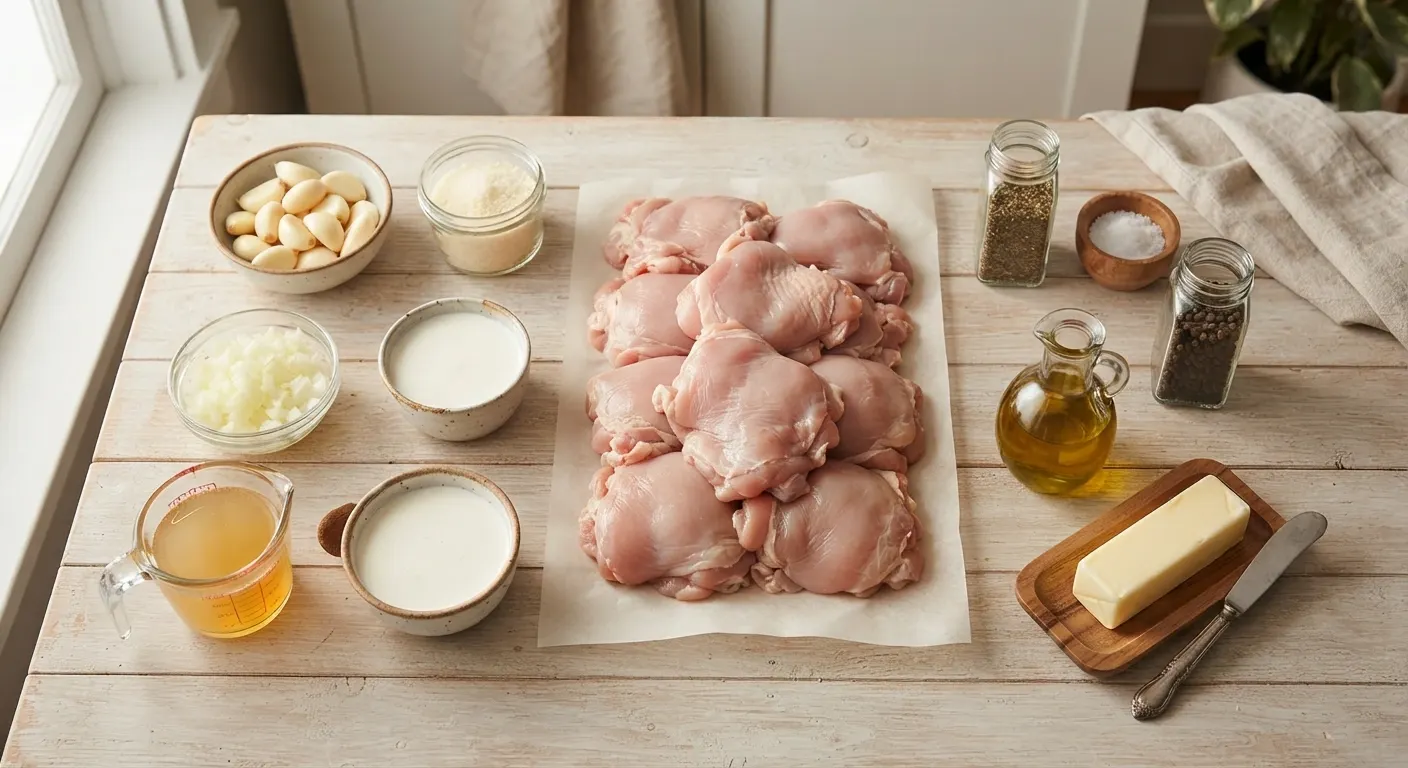 Slow Cooker Garlic Chicken Ingredients Ingredients for slow cooker garlic chicken with chicken thighs, garlic, Parmesan, and cream
