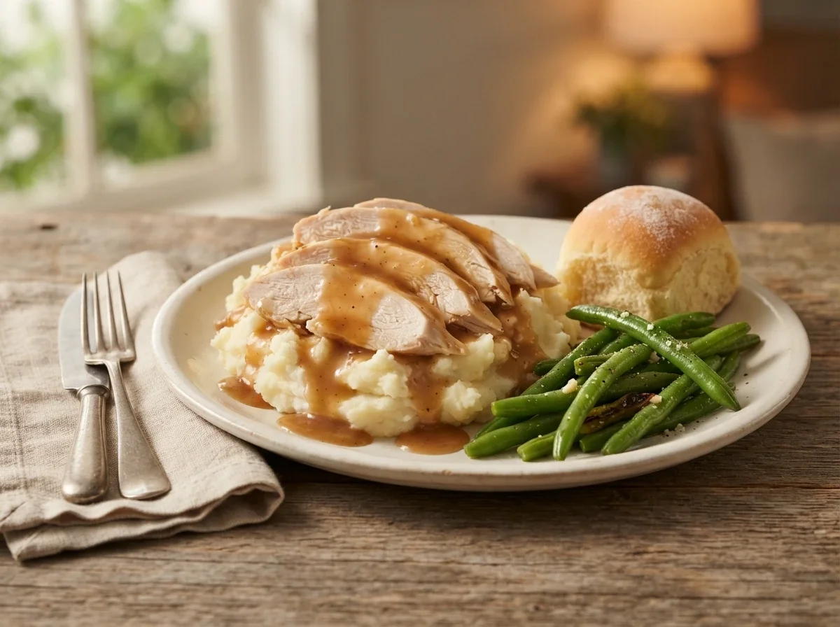 Chicken and Gravy Comfort Food Serving Chicken and gravy served over mashed potatoes with green beans