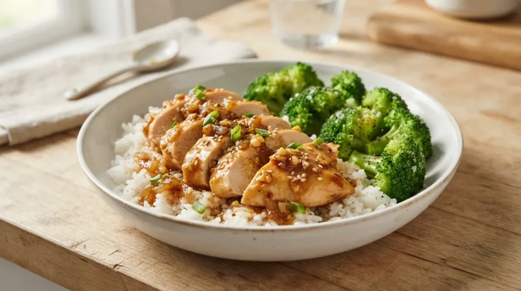 Slow Cooker Honey Garlic Chicken served over rice with glossy honey garlic sauce