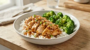 Slow Cooker Honey Garlic Chicken served over rice with glossy honey garlic sauce