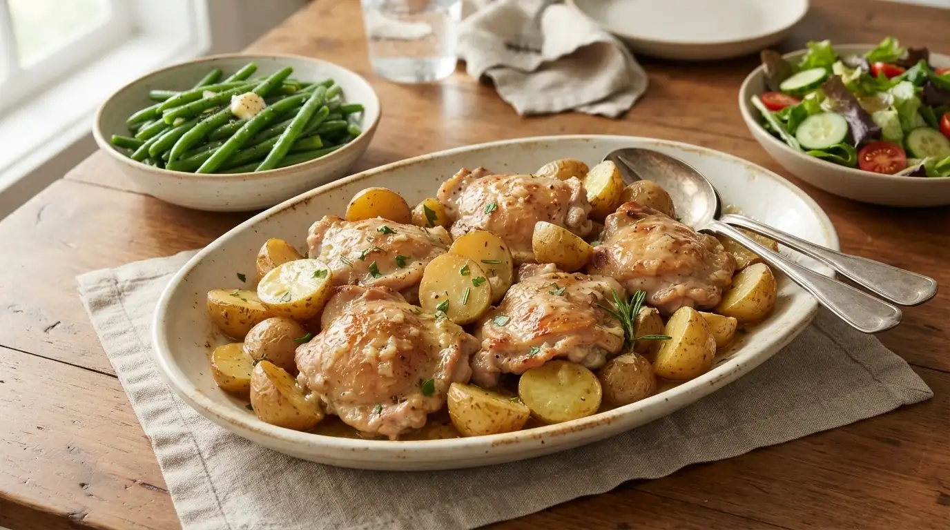 Slow Cooker Chicken and Potatoes Family Dinner Slow cooker chicken and potatoes served with green vegetables for an easy family dinner