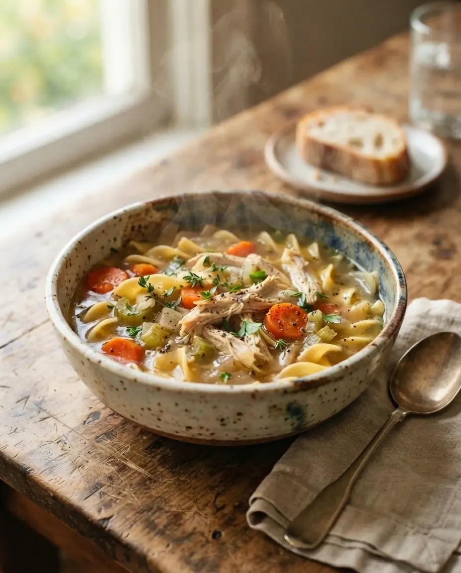 Slow Cooker Chicken Noodle Soup Served for Dinner Homemade slow cooker chicken noodle soup served hot with crusty bread