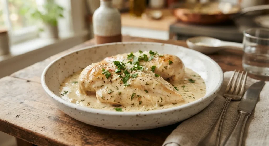Slow Cooker Creamy Chicken breasts in a creamy garlic Parmesan sauce