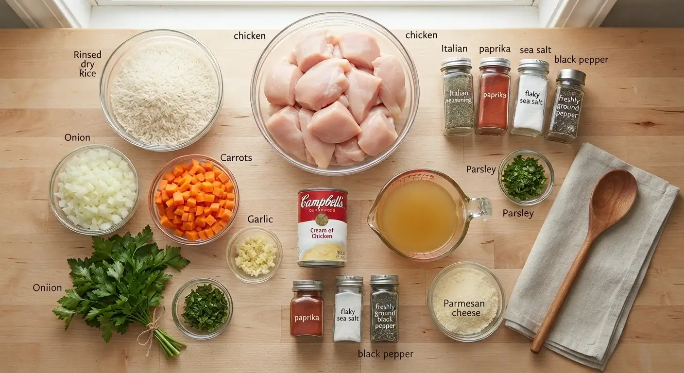 Slow Cooker Chicken and Rice Ingredients Ingredients for slow cooker chicken and rice arranged with chicken, white rice, vegetables, broth, cream of chicken soup, Parmesan, and seasonings.