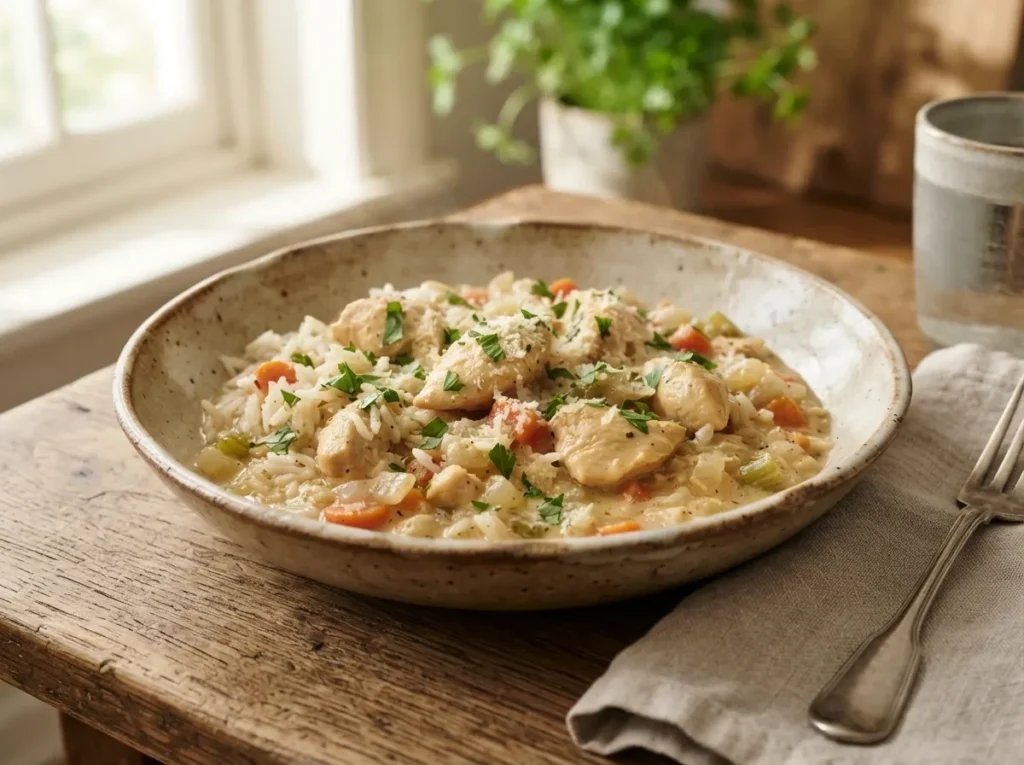 Creamy slow cooker chicken and rice with tender chicken, fluffy rice, carrots, Parmesan, and fresh parsley.