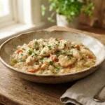 Creamy slow cooker chicken and rice with tender chicken, fluffy rice, carrots, Parmesan, and fresh parsley.