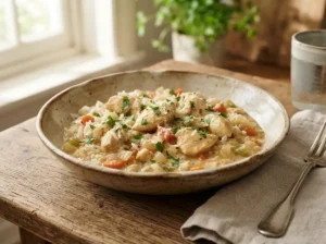 Creamy slow cooker chicken and rice with tender chicken, fluffy rice, carrots, Parmesan, and fresh parsley.