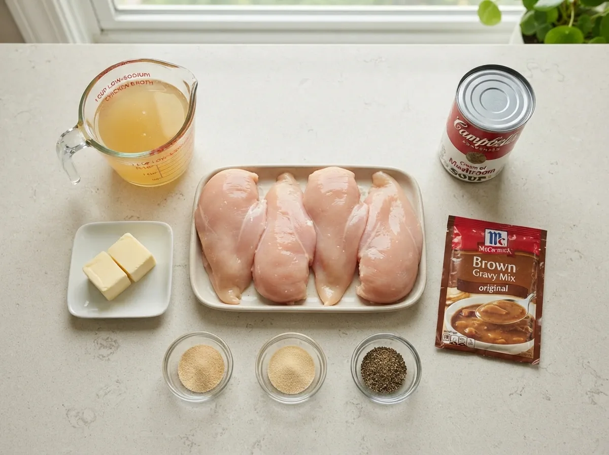 Slow Cooker Chicken and Gravy Ingredients Ingredients for slow cooker chicken and gravy arranged on a kitchen counter