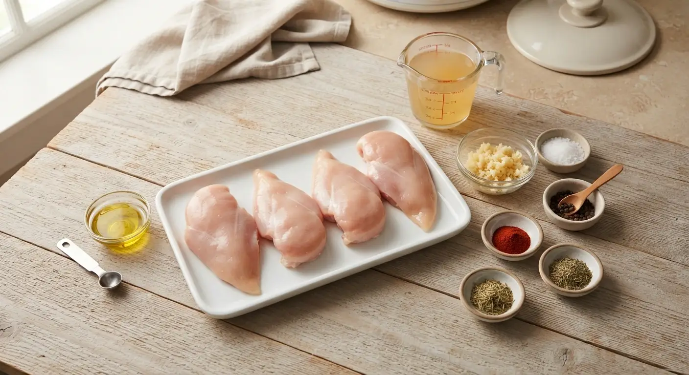 Slow Cooker Chicken Breast Ingredients Ingredients for slow cooker chicken breast with garlic rosemary and herbs