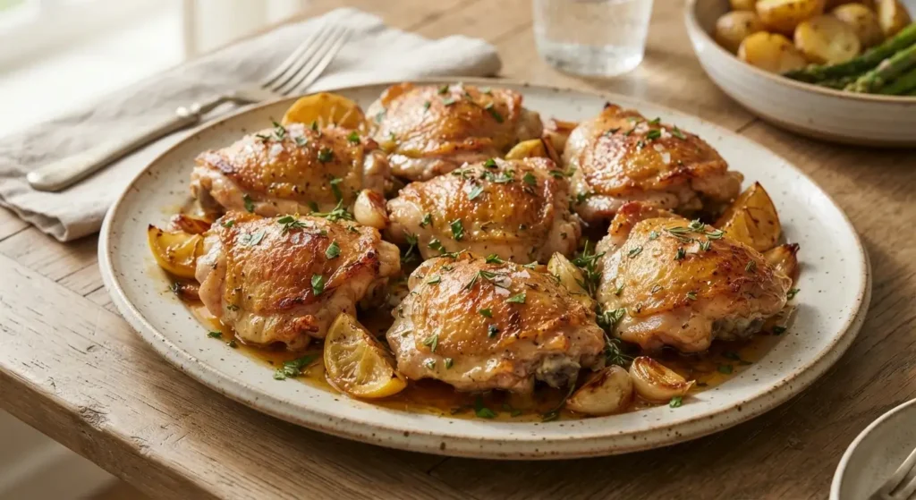 Tender slow cooker chicken thighs with golden crispy skin, lemon, garlic, and herbs