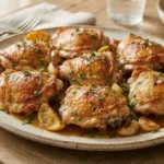 Tender slow cooker chicken thighs with golden crispy skin, lemon, garlic, and herbs