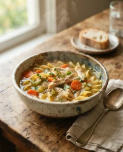 Slow Cooker Chicken Noodle Soup with tender chicken, egg noodles, carrots, celery, and herbs