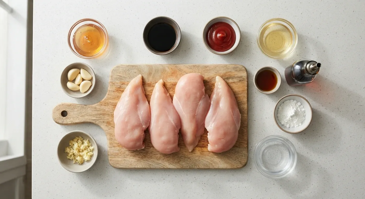 Ingredients for Slow Cooker Honey Garlic Chicken including chicken, honey, garlic, soy sauce, and sesame oil
