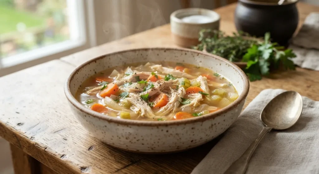 Homemade slow cooker chicken soup with shredded chicken, carrots, celery, and fresh parsley