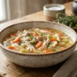 Homemade slow cooker chicken soup with shredded chicken, carrots, celery, and fresh parsley