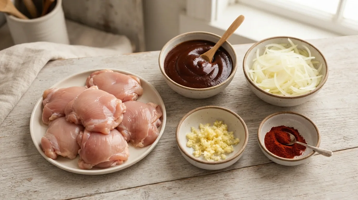 Five-Ingredient BBQ Chicken Ingredients Ingredients for five-ingredient slow cooker BBQ chicken