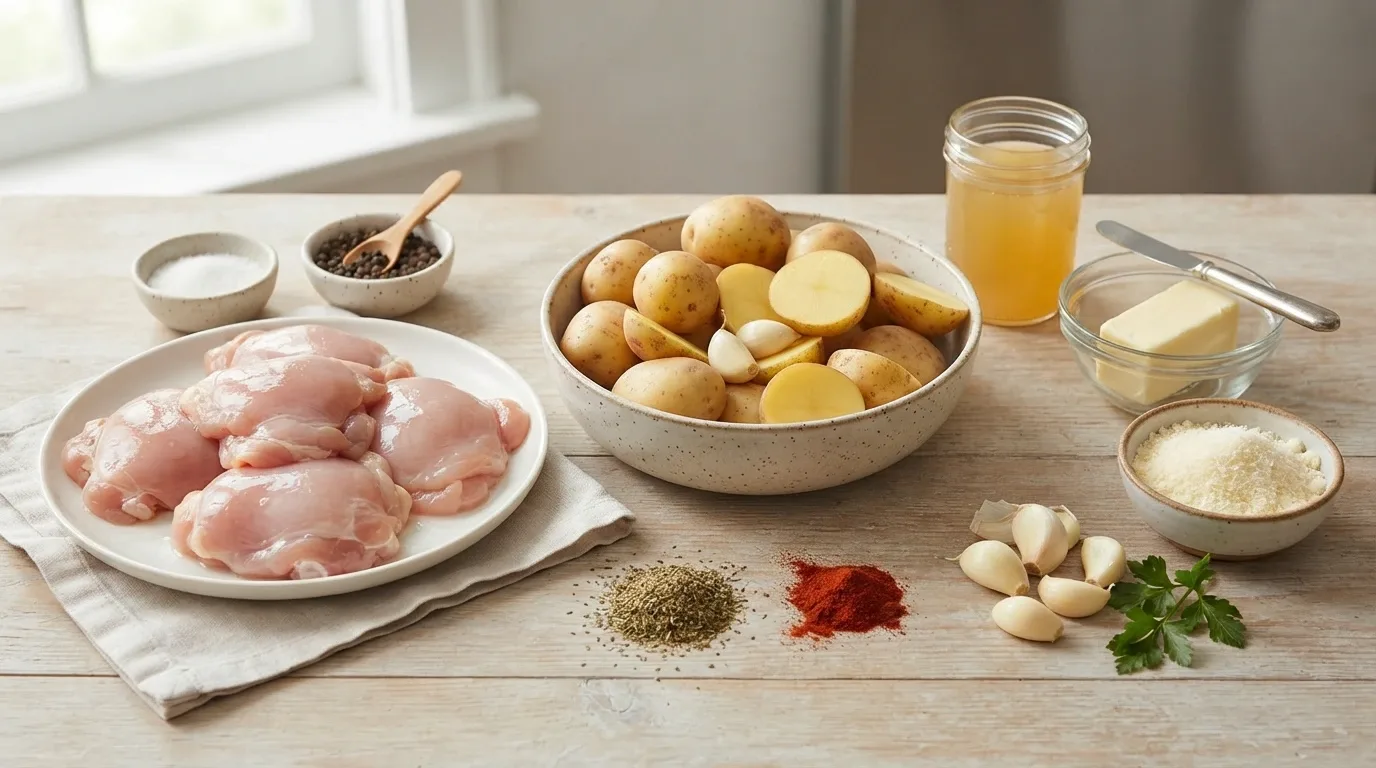Slow Cooker Chicken and Potatoes Ingredients Ingredients for slow cooker chicken and potatoes with chicken thighs, baby potatoes, garlic, butter, and Parmesan