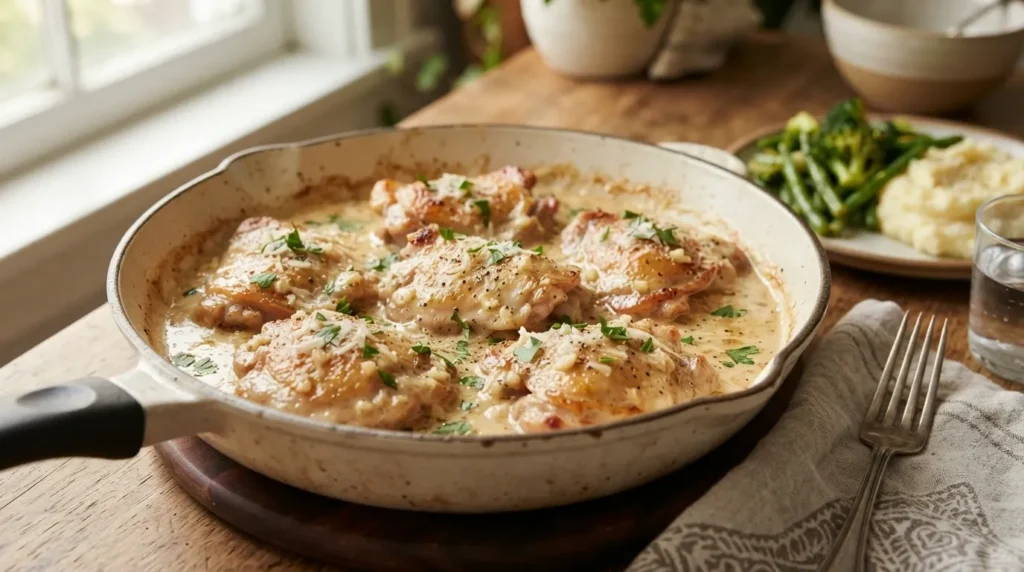 Creamy slow cooker garlic chicken thighs with garlic Parmesan sauce