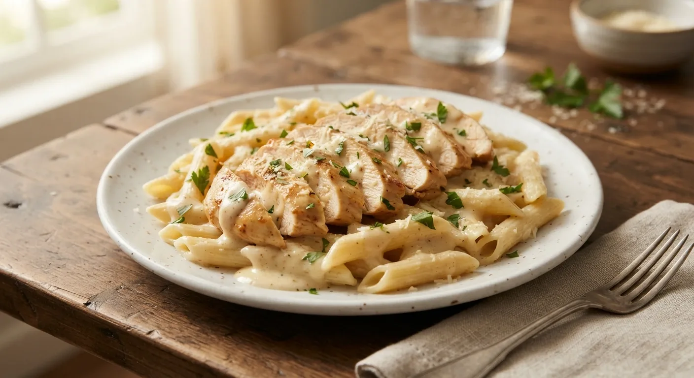 Creamy Chicken Dinner Served Over Pasta Slow Cooker Creamy Chicken served over pasta with Parmesan and parsley
