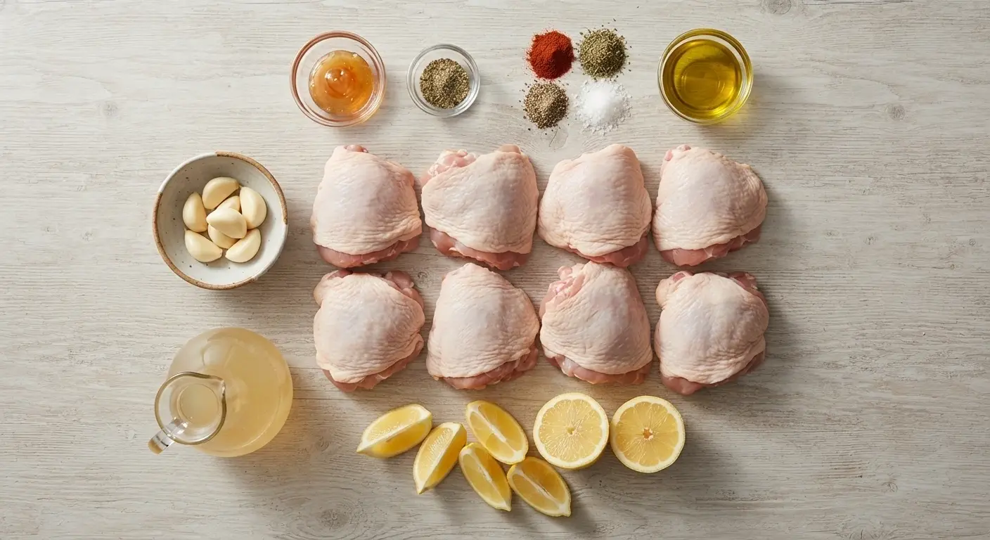 Slow Cooker Chicken Thighs Ingredients Ingredients for slow cooker chicken thighs including chicken, lemon, garlic, honey, herbs, and spices