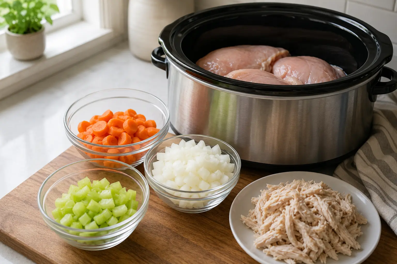 Chicken thighs, vegetables, broth, peas, herbs, lemon, and parsley arranged for slow cooker chicken soup