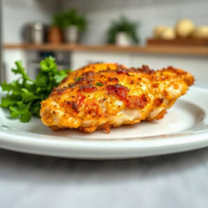 A plated air fryer crispy chicken breast with a golden, crispy exterior, showcased as the main dish.