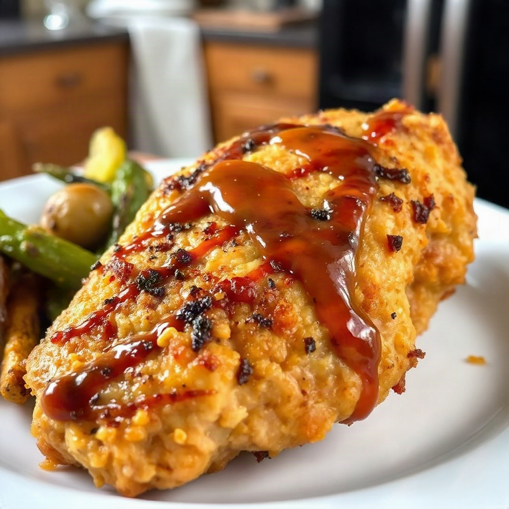Air Fryer Crispy Chicken Breast 6 Air fryer crispy chicken breast served with a side of fresh vegetables and a light garnish.