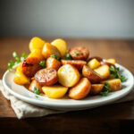 Finished dish of air fryer potatoes and sausage, presented on a plate, showcasing crispy textures.