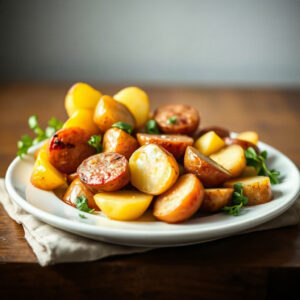 Finished dish of air fryer potatoes and sausage, presented on a plate, showcasing crispy textures.