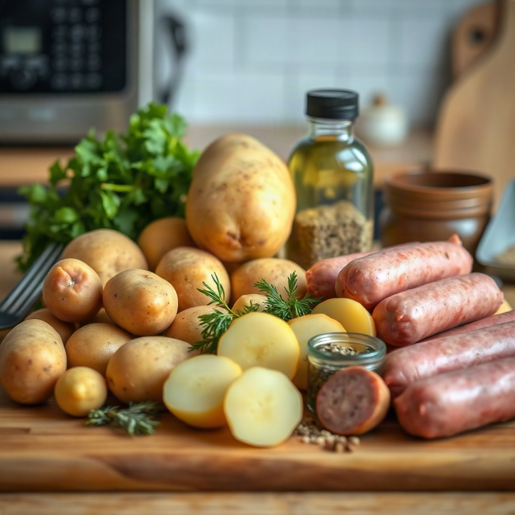Raw ingredients for air fryer potatoes and sausage, including diced potatoes and sausage in small bowls.