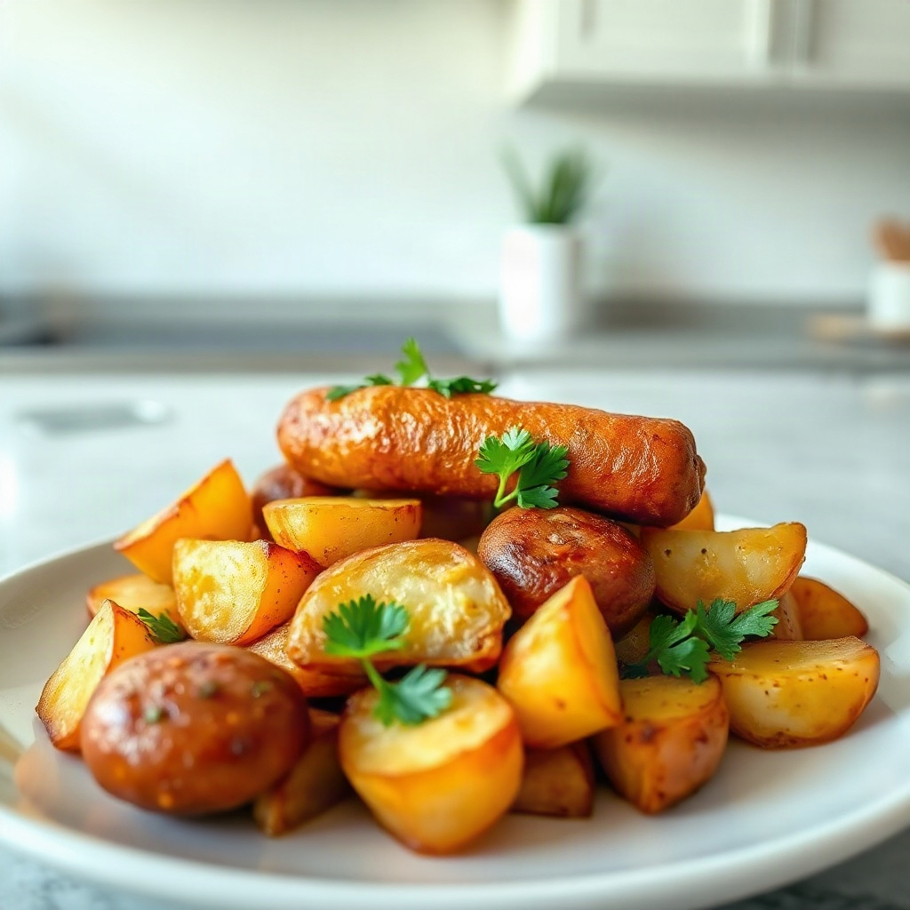 A serving of air fryer potatoes and sausage topped with fresh herbs and sliced green onions.