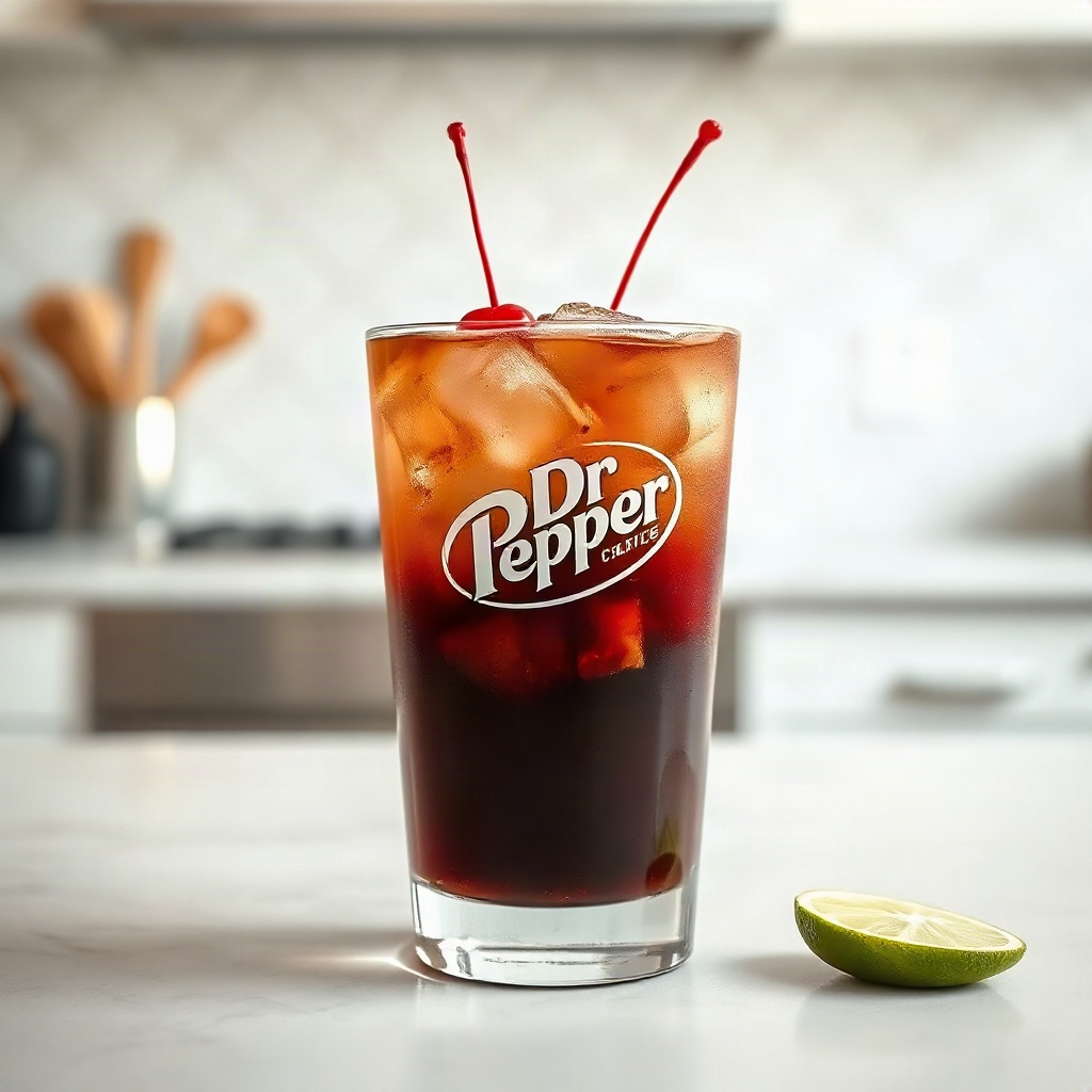 Alcoholic Dirty Dr Pepper: 10 Spiked Recipes for the Viral Soda 6 A glass of Alcoholic Dirty Dr Pepper garnished with lime and cherry, distinctive from the hero shot.