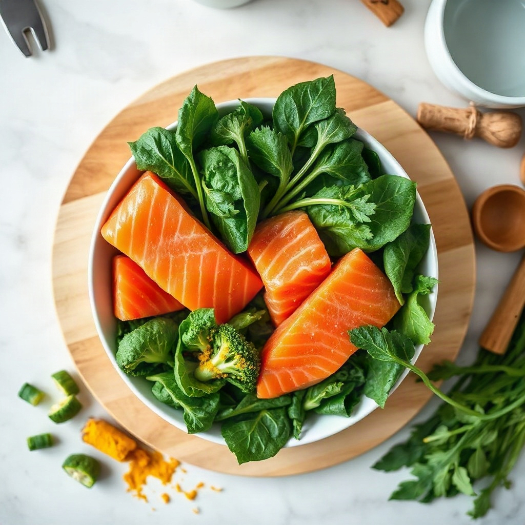 Anti-Inflammatory Salmon Bowl: Turmeric, Greens & Omega-3s 4 Raw ingredients for anti-inflammatory salmon bowl: turmeric, assorted greens, and omega-3 sources in small bowls.
