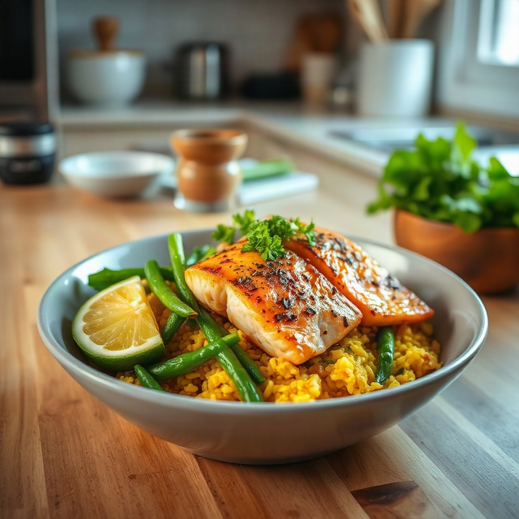 Anti-Inflammatory Salmon Bowl: Turmeric, Greens & Omega-3s 6 A serving of the Anti-Inflammatory Salmon Bowl featuring turmeric, greens, and omega-3 toppings.